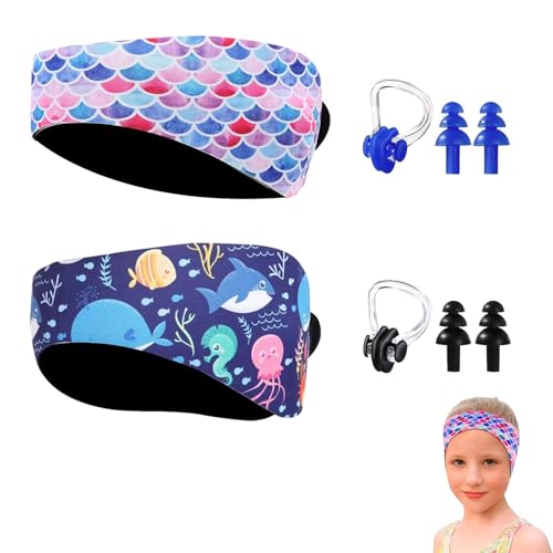 Schwimmen Stirnband,2 STK Schwimm Stirnbänder Kinder,Neopren Schwimmband,Dehnbares Verstellbares Stirnband Ohrstöpsel Schwimmband,Wasserdichtes Kopfband Haarband für Schwimmen (M2)
