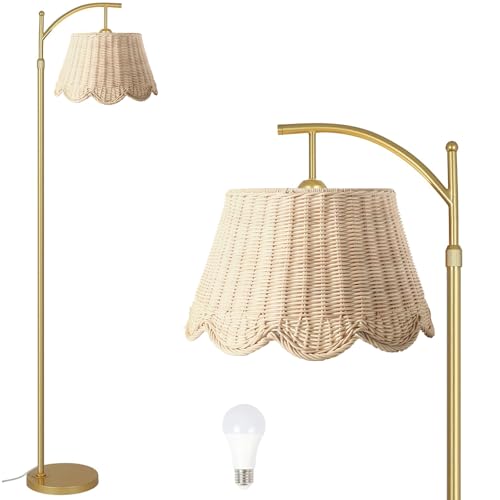 Image of Arc Floor Lamp for Living Room，Rattan Boho Floor Lamp with Hand-Woven Wicker Shade, Foot Switch, Gold /Silvery Metal Base & Pole,Standing Lamp for Bedroom (Gold)