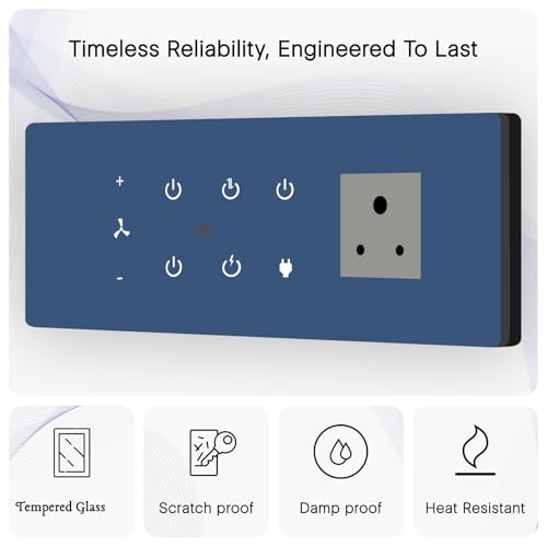 Image of IOTICS Smart Wifi Switch Board: 5 x Switch, 1 Fan & 1 x Smart Plug Module. Touch Control, Remote, App Control. Voice Control with Alexa & Assistant. Smart Touch Switch For Home Automation (Blue)