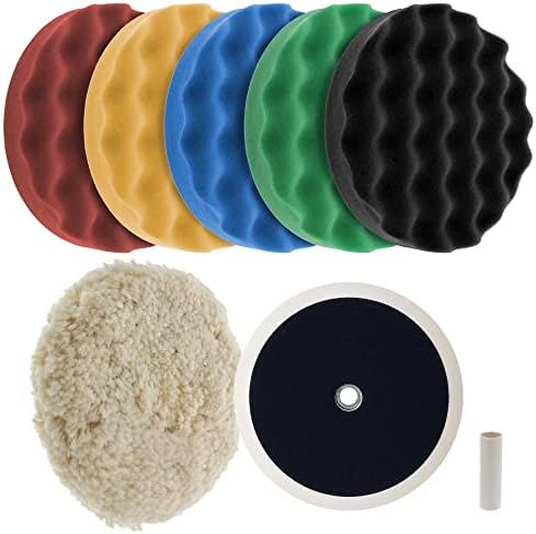 TCP Global Ultimate 6 Pad Buffing and Polishing Kit with 6-8" Pads; 5 Waffle Foam & 1 Wool Grip Pads and a 5/8" Threaded Polisher Grip Backing Plate