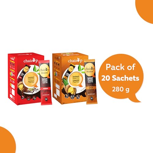 Image of Chaizup Premium 1 Min Instant Assorted Tea Pack - 20 Sachets | Ginger & Masala Flavours | 20 Servings | 2 Packs (10 Flavours Each) | 280g