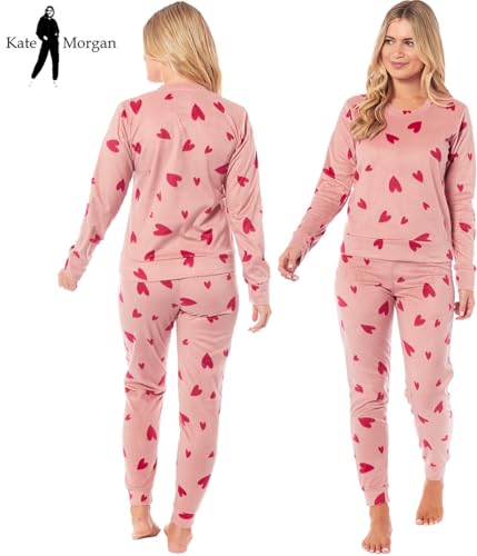 Kate Morgan Womens Pyjamas Warm Fleece Pyjamas For Women Sets Pjs S-XL | Soft Twosie Pyjama Set For Ladies Gifts For Her Pink Heart M - 3