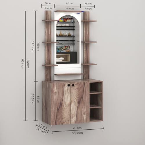 Image of Anikaa Venza Engineered Wood Dressing Table with Wall Mounted Mirror & LED Lights Open Shelf | Makeup Vanity Storage Cabinet with Soft Closed Hinge Door for Bedroom -(Coachwood /White) DIY Installation