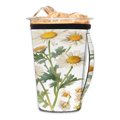 Chrysanthemums Plants Reusable Neoprene Coffee Sleeve with Handle Insulated Iced Coffee Cup Holder Reduces Condensation Fits 24-28 oz Cups M