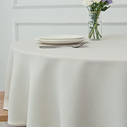 Image of maxmill Round Textured Tablecloth Spill-Proof Wrinkle Free Soft Jacquard Table Cloth for Circular Table Cover, for Dining Room Buffet Banquet Parties Holiday Dinner, 70 Inch Ivory