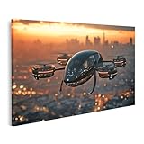 islandburner Prime Bild auf Leinwand Flugtaxi über der Stadt bei Sonnenuntergang Bilder Wandbilder Poster
