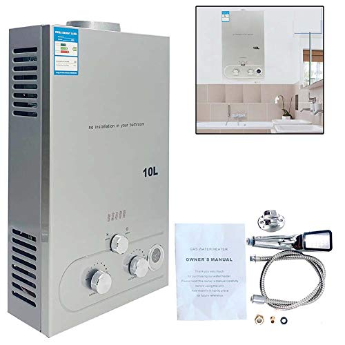 Preisvergleich Produktbild TABODD 10L 20KW Tragbarer Erdgas Durchlauferhitzer für Dusche Bad Warmwasser Dusche Warmwasserbereiter Warmwasserboiler, Silber
