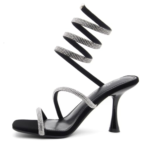 Shoe Land Charming2 Women's Rhinestone Heels, Square Open Toe High Stilettos with Spiral Ankle Wrap Strap – Coil Spiral High Heeled Crystal Dress Sandals for Party3
