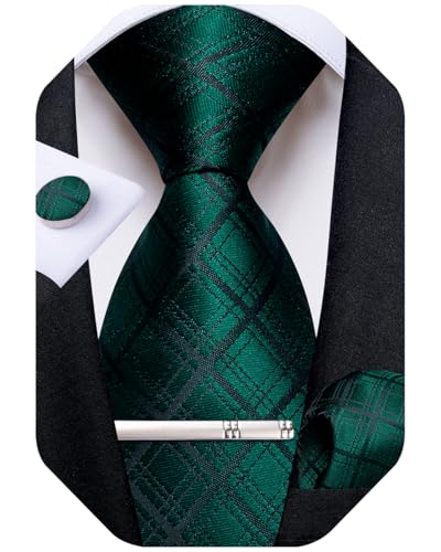 Image of DiBanGu Plaid Ties for Men Silk Checkered Necktie and Pocket Square Cufflinks Tie Clip Set with Gift Box for Wedding Business