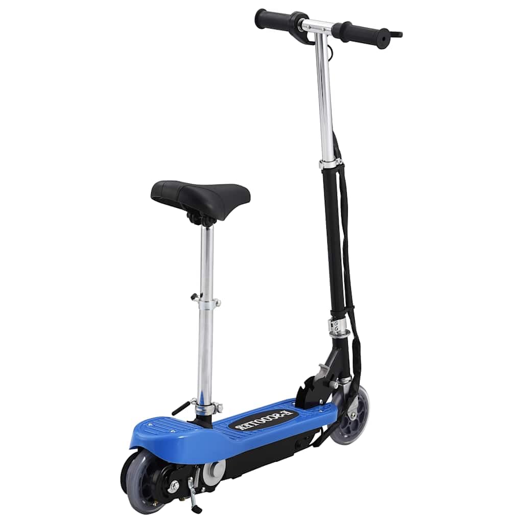 Trottinette électrique avec siège 120 W bleu, pliable et pliable, avec guidon et hauteur de siège réglables, pneus anti-crevaison, idéale pour les enfants jusqu'à 50 kg, mobile et maniable