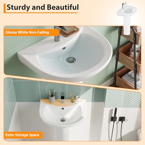 20" Bathroom Pedestal Sink - White Ceramic Vanity Sink with Overflow, Single Hole Faucet Pre-Drilled, Freestanding Restroom Sink Combo for Small Spaces