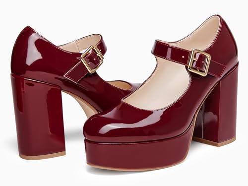 Image of Coutgo Womens' T-Strap Round Toe Chunky Platform Heels Patent Mary Jane Dress Shoes