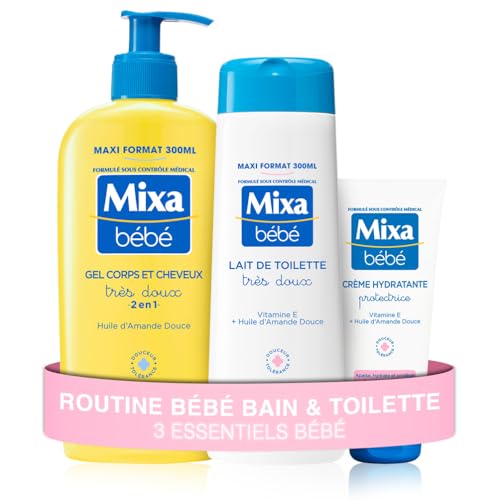 Mixa Bébé - Routine Bain et Toilette - Gel Corps et Cheveux Très Doux 300 ml + Lait de Toilette Très Doux 300 ml + Crème Hydratante Protectrice 100 ml -...