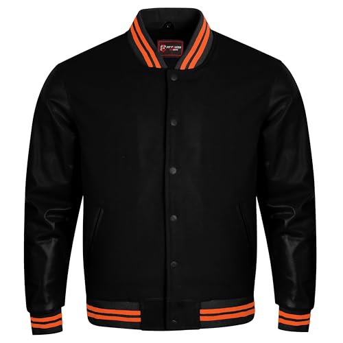 Men’s Varsity Letterman Jacket Wool Body & Genuine Leather Sleeves Classic Bomber for School & Sports