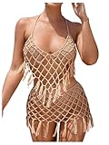 MakeMeChic Women's Cover Up Sets Halter Tie Back Fringe Hollow Out Swimsuit Coverup Khaki Large