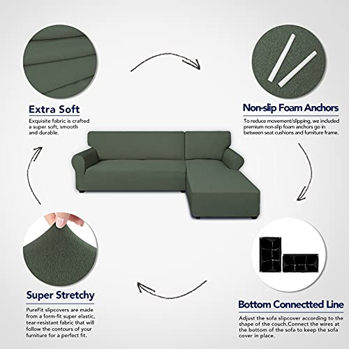 Purefit Super Stretch Sectional Couch Covers - 2 Pcs Spandex Non Slip Sofa Covers With Elastic Bottom For L Shape Sectional Sofa, Great For Kids & Pets (3 Seat Sofa + 3 Seat Chaise, Greyish Green) #TOP2
