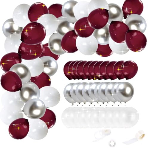 Graduation Decorations Maroon/Maroon White Graduation Party Decorations 2026/Burgundy Balloon Arch Kit, 60 Pieces 12 inch Burgundy White Silver Balloons/Birthday Bride Bachelorette Party Decor