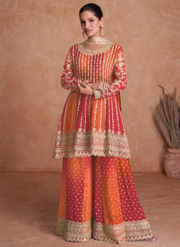 Image of Miss Ethnik Dual Tone Strip Chinon Heavy Embroidered Stitched Sharara Suit Set With Dupatta (ME-1129)