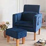 TAKUKA Modern Accent Velvet Blue Chair Upholstered Armchair with Ottoman Fabric Armchair and Footres