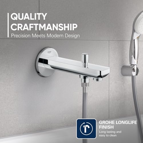 Image of GROHE BauContemporary Bath Spout with Automatic Diverter| Wall Mounted| Scratch Resistant LongLife Finish |Chrome Finish | 10 Year Warranty | 13390000