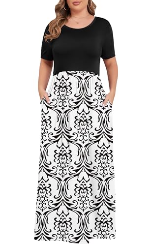 Image of KARALIN Women Plus Size Maxi Dress Short Sleeve Round Neck Loose Fit A-Line | Plus Size Long Dress,Summer Casual Maxi Dresses,Short Sleeve,Side Pockets,Round Neck,Elastic Waist,14 Plus - 26 Plus