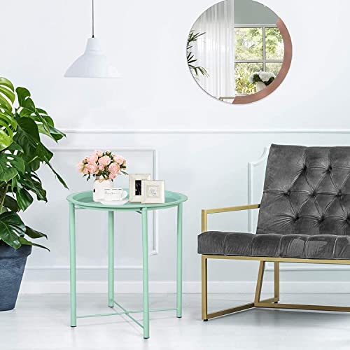 Vecelo Side/End Table, Folding Round Metal Anti-Rust And Waterproof Outdoor Or Indoor Tray For Living Room Bedroom Balcony And Office, 2 Pcs, Light Green #TOP7