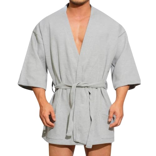 KISSQIQI Mens Cotton Robe with Pockets Short Lightweight Bathrobe Loungewear 3/4 Sleeves Nightgown Shower Robe for Spa