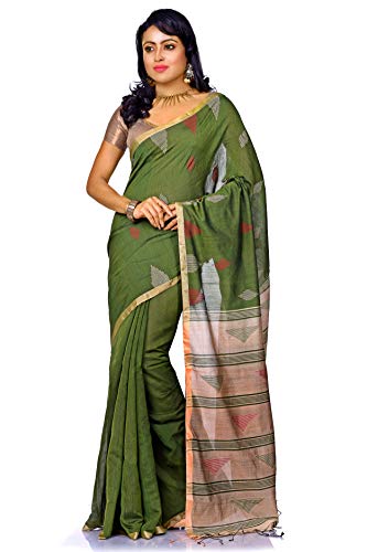 BENGAL HANDLOOM Traditional Handloom Handwork Green Jamdani Saree