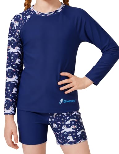 Image of Girls Swimsuit Two Piece Rash Guard Set for 4-14 Years UPF 50+ UV Protective Long Sleeve Swimwear