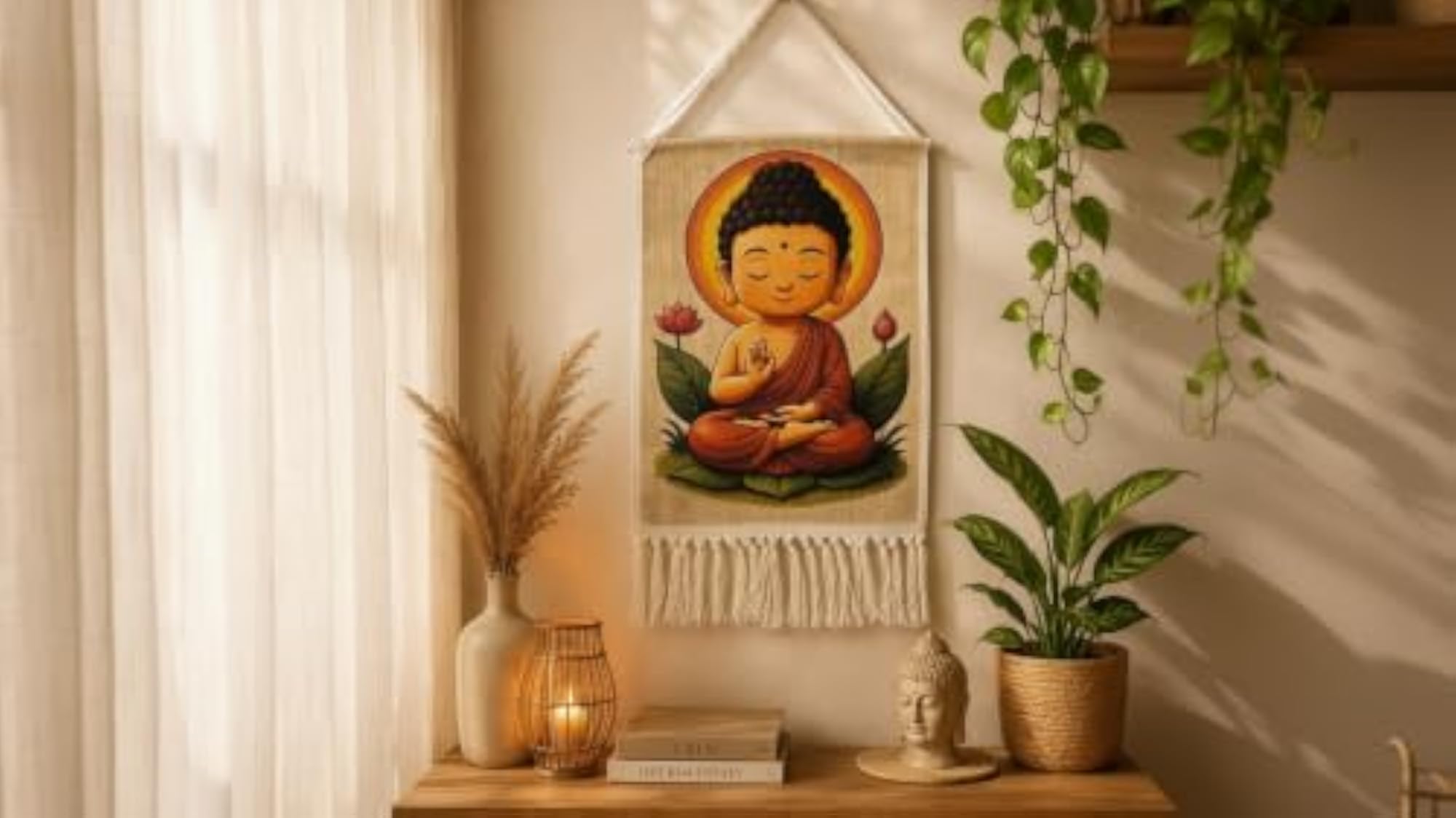 NARWAL'S Wall Hanging with Tassels, Meditating Buddha Design