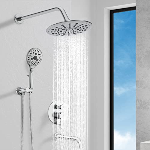 Suncleanse Bathtub Faucet Shower System: Wall Mounted 8.5" Rainfall Head Set - 7-Spray High Pressure Handheld Complete Combo - Valve With Trim Kit - Polished Chrome Tub Spout For Rain Luxury Bathroom #TOP6