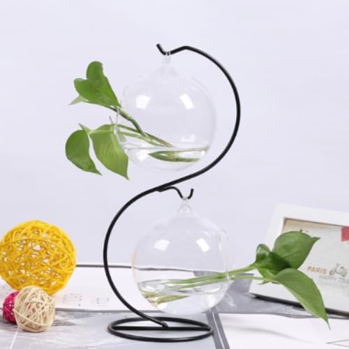 Tufduzo金魚鉢 水槽 ガラス アクアリ 丸型 鉄ハンガー ウム サスペンション 花瓶 おしゃれ フラワーベース ガラスベース ガラスボトル 透明 シンプル 植木鉢 水栽培 観葉植物 観賞魚 熱帯魚 魚 容器 テーブル インテリア飾り (33cmシング