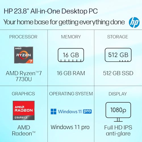 Image of HP 24 inch All in One Desktop PC, FHD IPS Display, AMD Ryzen 7 7730U 8-Core Processor, 16GB DDR4, 512GB SSD, AMD Radeon Graphics, HDMI, Keyboard & Mouse, Flicker Free, Wi-Fi, USB Type-C, Win 11 Pro