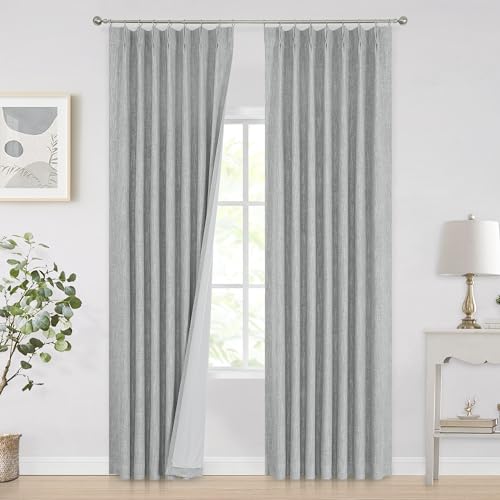 Image of Vision Home Silver Grey Pinch Pleated Full Blackout Curtains Room Darkening Window Curtains 108 inch for Living Room Bedroom Thermal Insulated Pinch Pleat Drapes with Hooks Back Tab 2 Panel 40 inchWx108 inchL