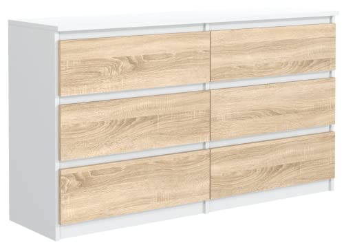 meble masztalerz Commode Chambre avec 6 Tiroirs - Meuble de Rangement pour Salon et Entrée Couloir - Spacieuse et Design - Blanche & Sonoma - 120 x 39 x 78,5cm