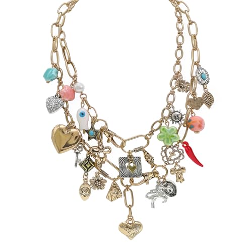 Chunky Retro Heart Necklace for Women Antique Layer Beach Ocean Moon Stars Western Boho Charm Necklaces Retro Link Chain Jewelry