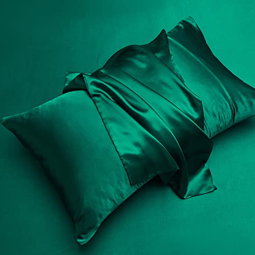 Boqingzhu Satin Seide Kissenbezug 40×80cm Grün Dunkelgrün Uni Kissenhülle Haar- und Hautpflege im Umschlagstil 2 Stück