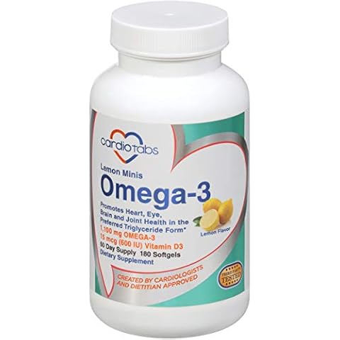 Cardiotabs Omega 3 Lemon Minis + Vitamin D3, 1,100 mg Omega-3 in Triglyceride Form and 600 IU Vitamin D3, Easy-to-Swallow, Fresh Lemon-Flavored Omega-3 Supplement Softgels - 180 Count Cover