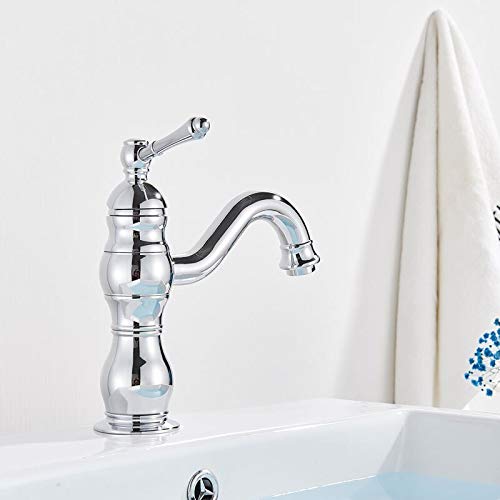 ZYCHSJXA Antique Brass Deck Mounted Basin Faucet Single Handle Bathroom Mixer Tap with Long Spout for Lavatory Sink Hot & Cold Water Stylish Chrome Finish