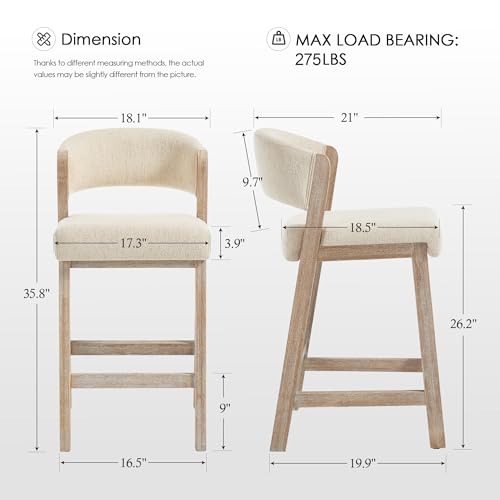 Image of Zesthouse Wooden Counter Height Stools Set of 2, Mid Century Kitchen Bar Stools with Back & Solid Wood Legs, Farmhouse Upholstered Barstools for Kitchen Island, Beige Linen Fabric+Antique Brown Finish