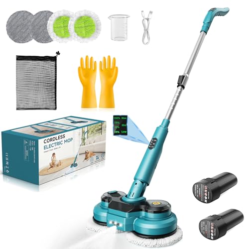 Mopa Eléctrica Inalámbrica con 2 Baterías de 2000 mAh, Mopa Electrica para Suelos con Rociador de Agua/Luz Frontal LED/Pantalla Inteligente,Pulidora de Suelos con Depósito de 300ML para Múltiples
