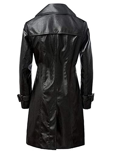 Women's Long Black Leather Trench Coat, Button-Front2