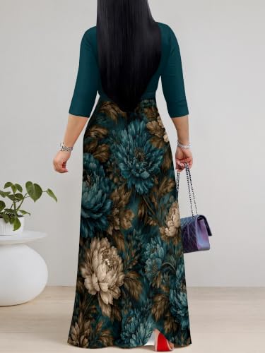 Image of PinkPatty Plus Size Maxi Dress for Women Casual V Neck 3 /4 Sleeve Boho Printed Long Dress with Pockets