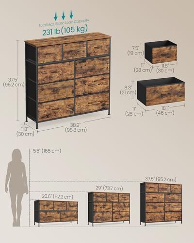 Image of SONGMICS BELLAH Collection - Dresser for Bedroom, Chest of Drawers, Storage Organizer Unit, Closet, Entryway, Steel, 9 Drawers, Industrial, Rustic Brown and Ink Black ULGS324B02S