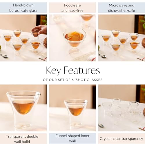 Image of Nestasia Double Wall Shot Glass Set of 6 (100ml) | Dishwasher Safe, Transparent, Elegant Funnel-Shaped | Stylish Glasses for Whiskey, Liquor, Cocktails, Vodka, Tequila