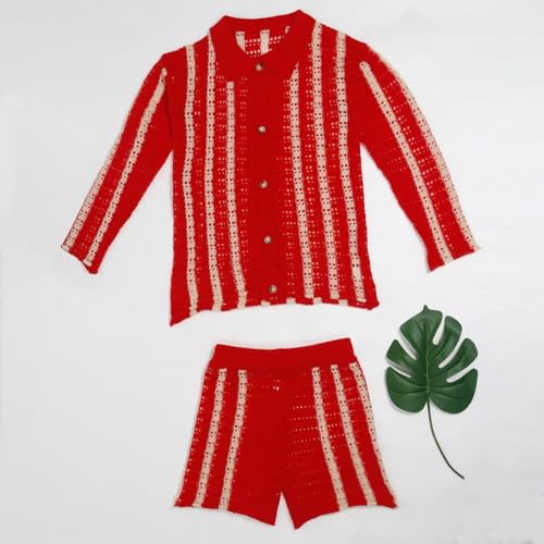 Image of Womens Fashion Stripe Knit Sweater Cardigan 2 Piece Outfits，Long Sleeved Woollen Cardigan and Shorts Suit