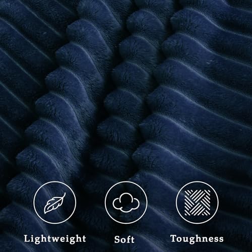 Exclusivo Mezcla Fleece Throw Blanket for Couch, Super Soft 3D Striped Jacquard Bed Blanket, Lightweight Fuzzy Cozy Blankets for All Seasons, 50x60 Inches, Navy Blue Blanket - Thumbnail 4