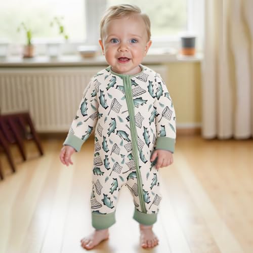 Newborn Baby Girl Boy Fishing Outfit Fish Print Long Sleeve Romper Zipper Jumpsuit Infant Coming Home Clothes2