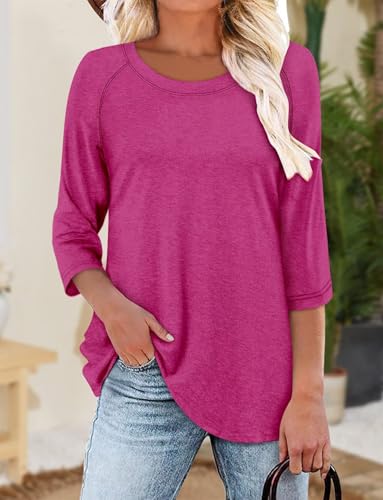 KISSMODA Tunic Tops for Women Loose Fit Dressy Round Neck Pleated 3/4 Length Sleeve Spring Tops