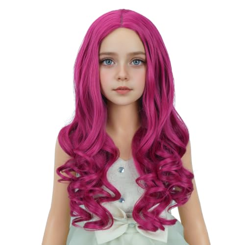Ufindcos Girls Fuchsia Wig Long Curly Fuchsia Wigs for Kids Natural Synthetic Wigs with Wig Cap for Cosplay Party Halloween Costume